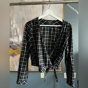 Plaid Black and White Wrap Top